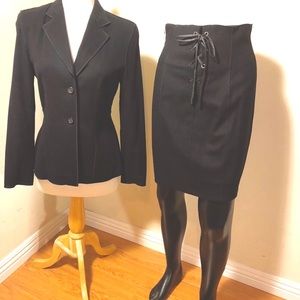 KS skirt/ jacket designer virgin wool.Lined. Piping details. leather tie closure